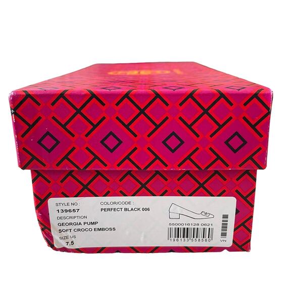 TORY BURCH Women Croc Leather Georgia Pump 25mm Black Size 7.5 New In Box - Picture 8 of 16